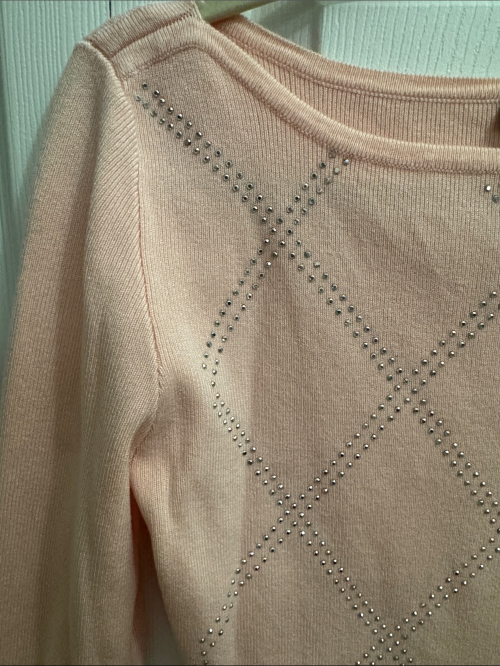 VENUS Light Pink Rhinestone Argyle Knit Boatneck Sweater Women size small - Picture 3 of 11